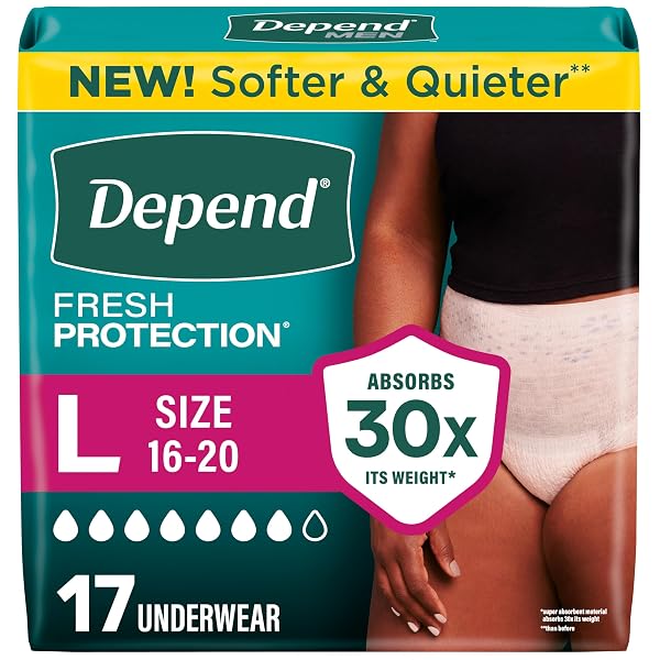 DEPEND FRESH PROTECTION ADULT DIAPERS, INCONTINENCE UNDERWEAR FOR WOMEN, DISPOSABLE, MAXIMUM, LARGE, BLUSH, 17 COUNT, PACKAGING MAY VARY