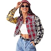 SweatyRocks Women's Cute Color Block Long Sleeve Crop Tops Plaid Button Down Blouse