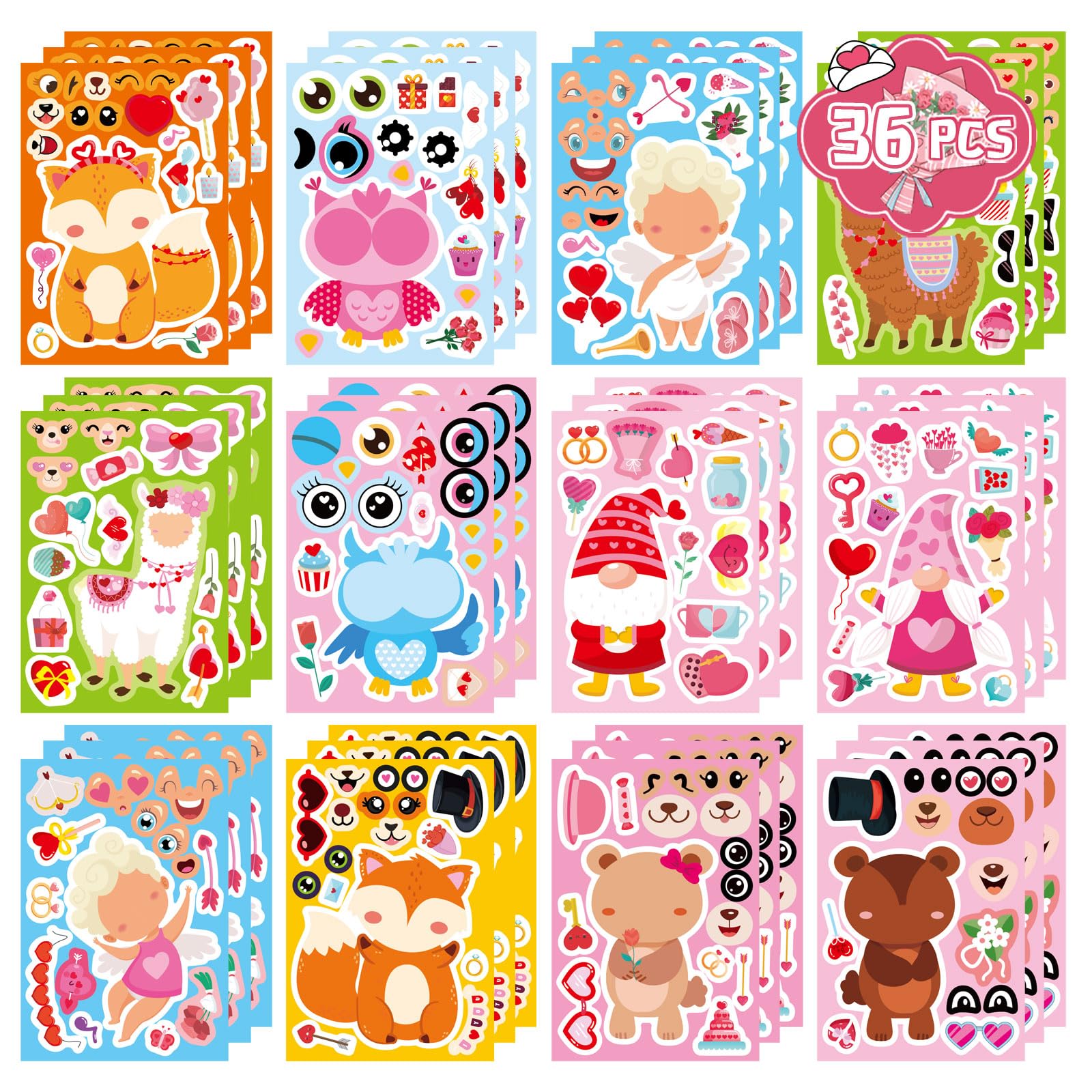 36 Sheets Valentine's Day Stickers for Kids Toddlers, Make-a-face Sticker Make Your Own Stickers 12 Designs of Owl Alpaca Fox Bear Angel Gnome Sticker Valentine Party Gift Decorations Supplies