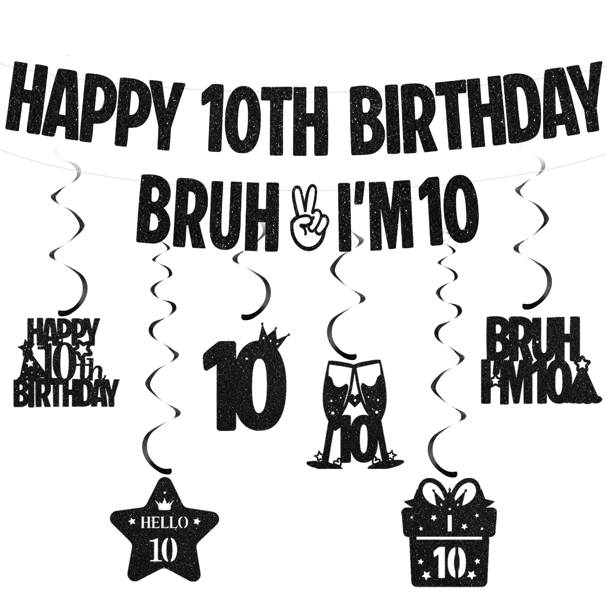 Happy 10th Birthday Banner Decorations - Glitter Bruh I’m 10 Banners with Hanging Swirls, Black Funny Double Digits Birthday Party Supplies for Boys and Girls