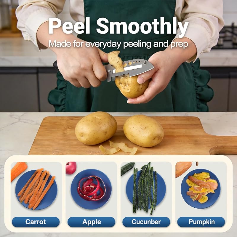 Pelapatate e Pelaverdure 7 in 1 in Acciaio Inox per Cucina, Pela Patate e Verdure con Spelafoglie per Erbe, Squamatore per Pesce, Solleva-Coperchio, Apribottiglie, Destrimani — foto 3 di 6