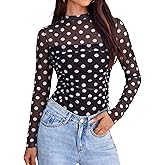 Glamaker Women's Floral Lace Tops Long Sleeve Turtleneck Y2k Sexy Mesh Going Out Shirts Fashion Clothes Outfits 2026