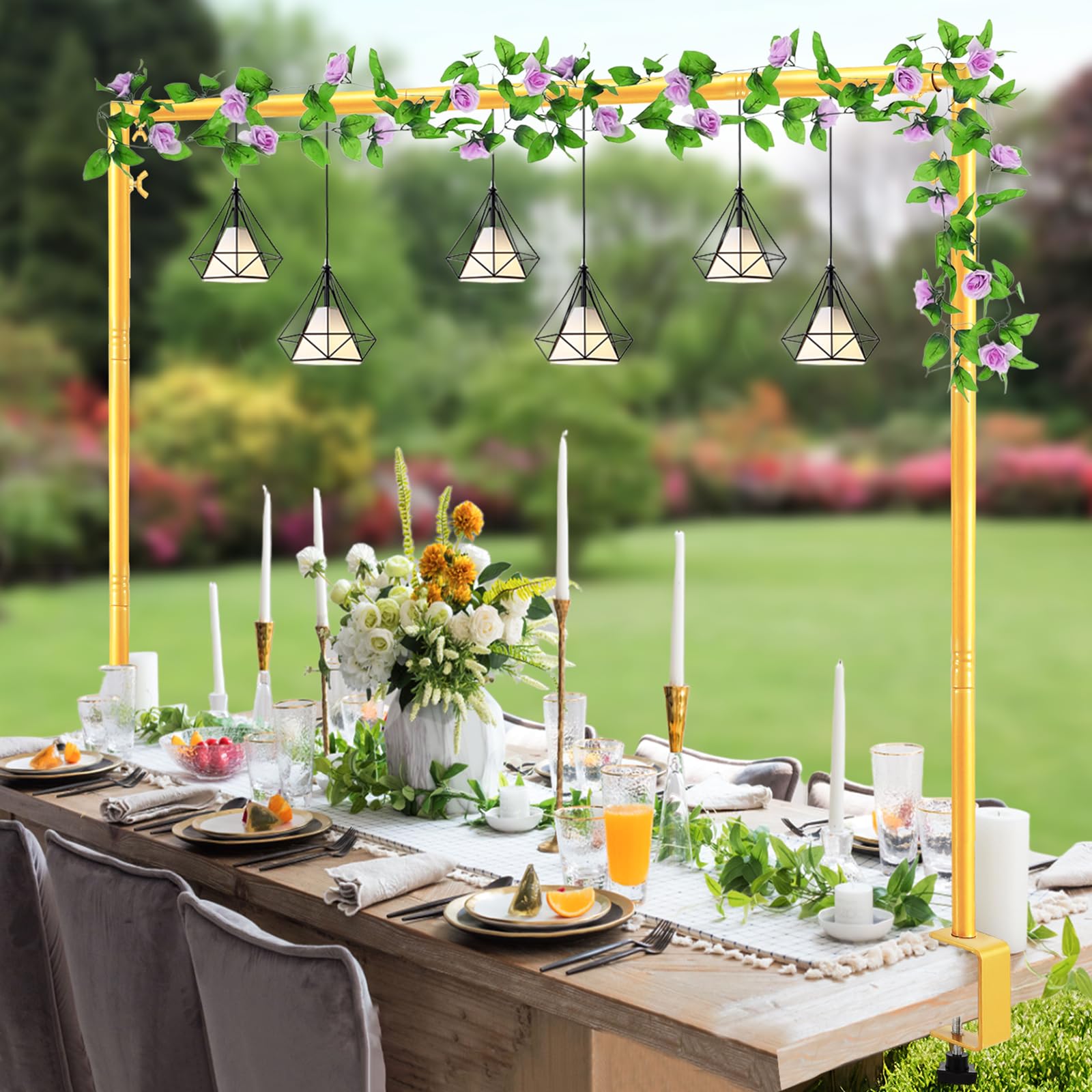 Photo 1 of WellSign Over The Table Rod Stand with Clamps 31"-110" Length 31"-64" Height Adjustable Metal Table Hanging Decor Rod with Storage Bag for Gender Reveal Ceremony Party, Gold Table Balloon Arch Stand