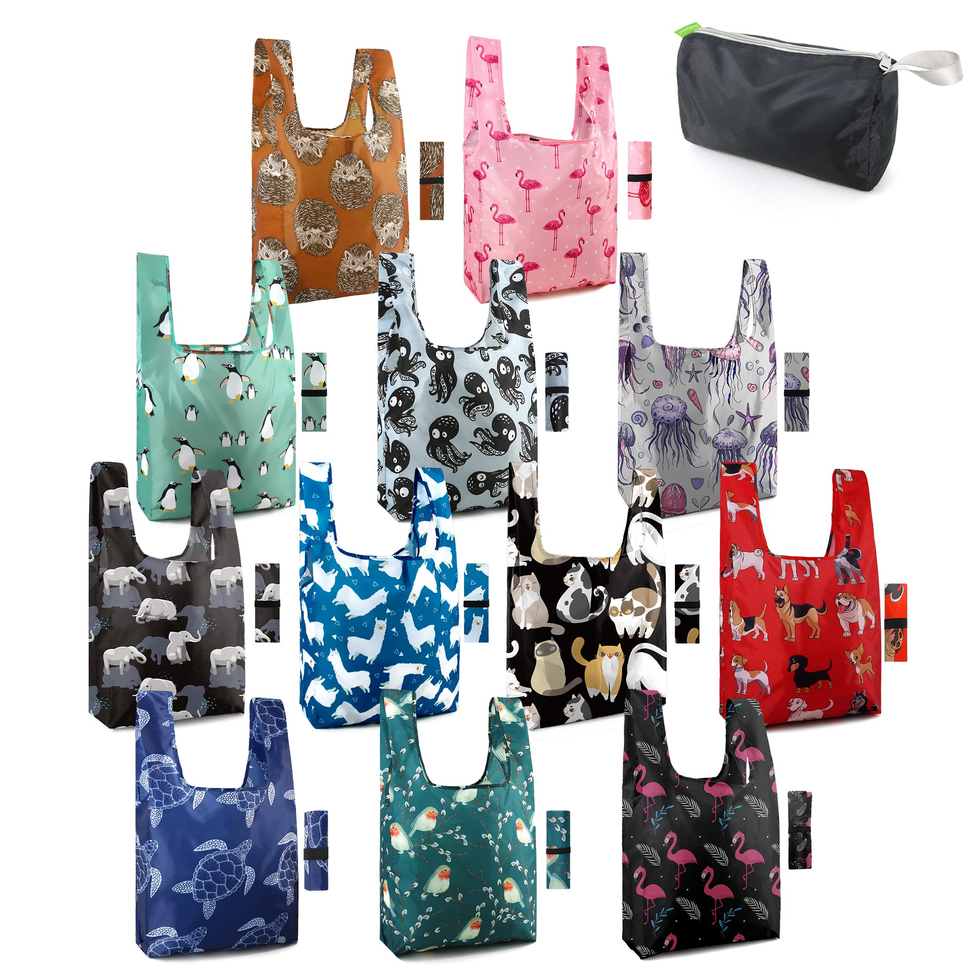 12 Pack Reusable Shopping Bags Foldable Heavy-duty Grocery Bag with Cute Animal Print for Men Women Penguins, Turtles, Elephants, Hedgehogs, Cats, Dogs Multicolored Tote Bag