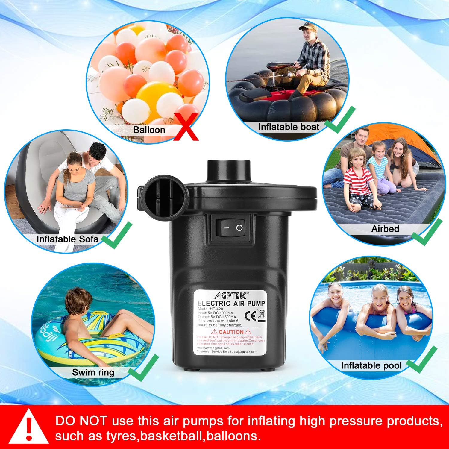 Rechargeable Air Pump, AGPTEK Electric Air Pump Quick-Fill Inflator & Deflator with 3 Nozzles, Lightweight & Portable Rechargeable Air Pump Perfect for Air Beds, Air Mattresses, Pool Toys & Inflatable: Sports & Outdoors