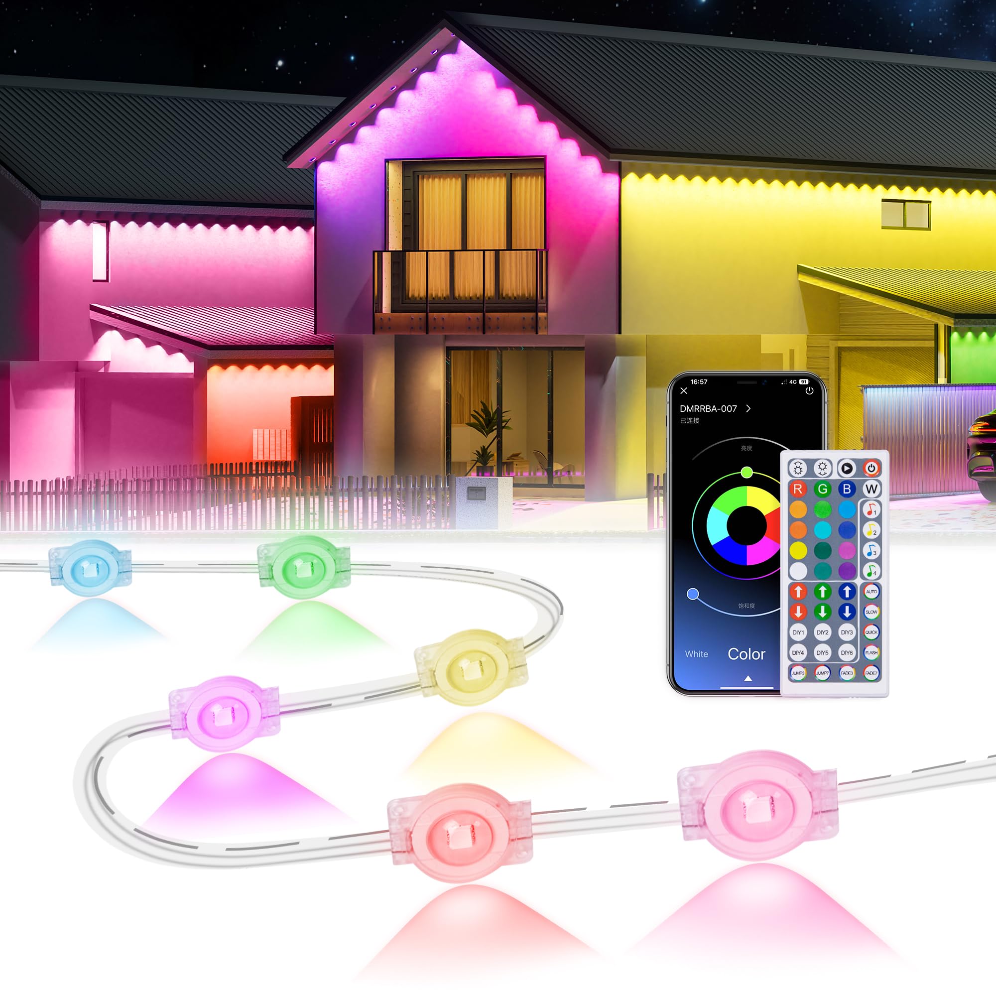 Photo 1 of MuliVid 150Ft Permanent Outdoor Lights,Smart RGB Outdoor Lights with Remote APP Control, IP67 Waterproof Outside Light for House for Christmas, Halloween, Holiday, Party, Daily