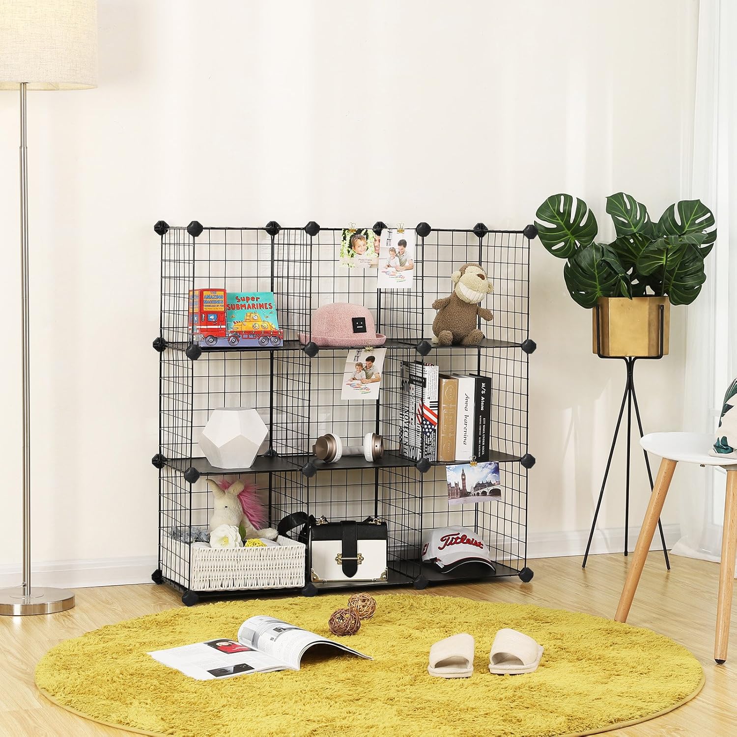 SONGMICS 9-Cube Wire Grid Storage Rack, Interlocking Shelving Unit with Metal Mesh Shelves and PP Plastic Sheets - Image 3