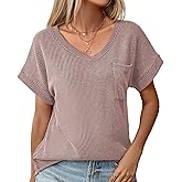 levaca V Neck Cap Sleeve Ribbed Tops for Women 2025 Trendy Summer Casual Tshirt with Front Pocket