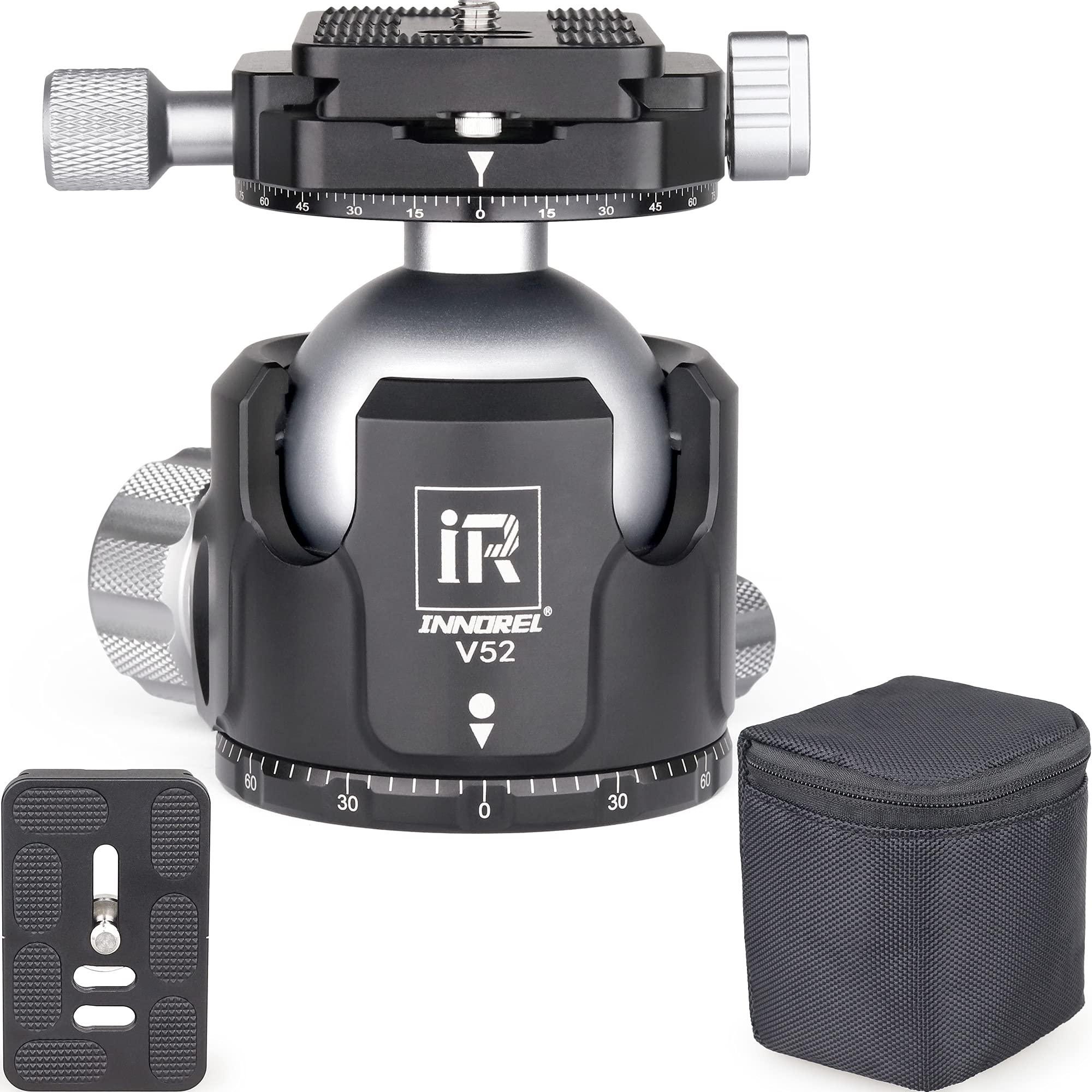 INNOREL V52 Low Profile Tripod Ball Head, Ball Dia φ52mm Max Load 66lb/30kg All Metal CNC Dual 360° Panoramic Shooting Camera Mount with Two 1/4" Arca Swiss Quick Release Plates Storage Bag