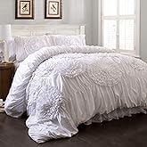 Lush Décor Serena 3 Piece Ruched Flower Comforter Set - White - Full/Queen