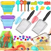 Beach Sand Toys Set,Travel Sand Toys Beach Essentials for Kids Age 3-10 | Sand Castle Building Kit with 2 Collapsible Beach Bucket,2 Beach Sifter Shovel,Sea Animal Molds,Diving Gem,Mesh Bag