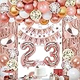 NANINUNENO 23rd Rose Gold Birthday Party Decorations for Women, Rose Gold Happy Birthday Banner, Fringe Curtains, Heart Foil Balloons, Confetti Balloons, Cake Topper for 23rd Birthday Decorations