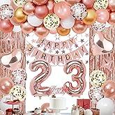 NANINUNENO 23rd Rose Gold Birthday Party Decorations for Women, Rose Gold Happy Birthday Banner, Fringe Curtains, Heart Foil Balloons, Confetti Balloons, Cake Topper for 23rd Birthday Decorations
