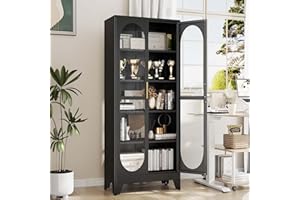 pozdeg 71" Display Cabinet with Glass Doors, Metal Tall Curio Cabinets with Lock and 4 Adjustable Shelves, 5 Tier Liquor Cabinet Display Case for Collectibles, Living Room, School, Commercial (Black)