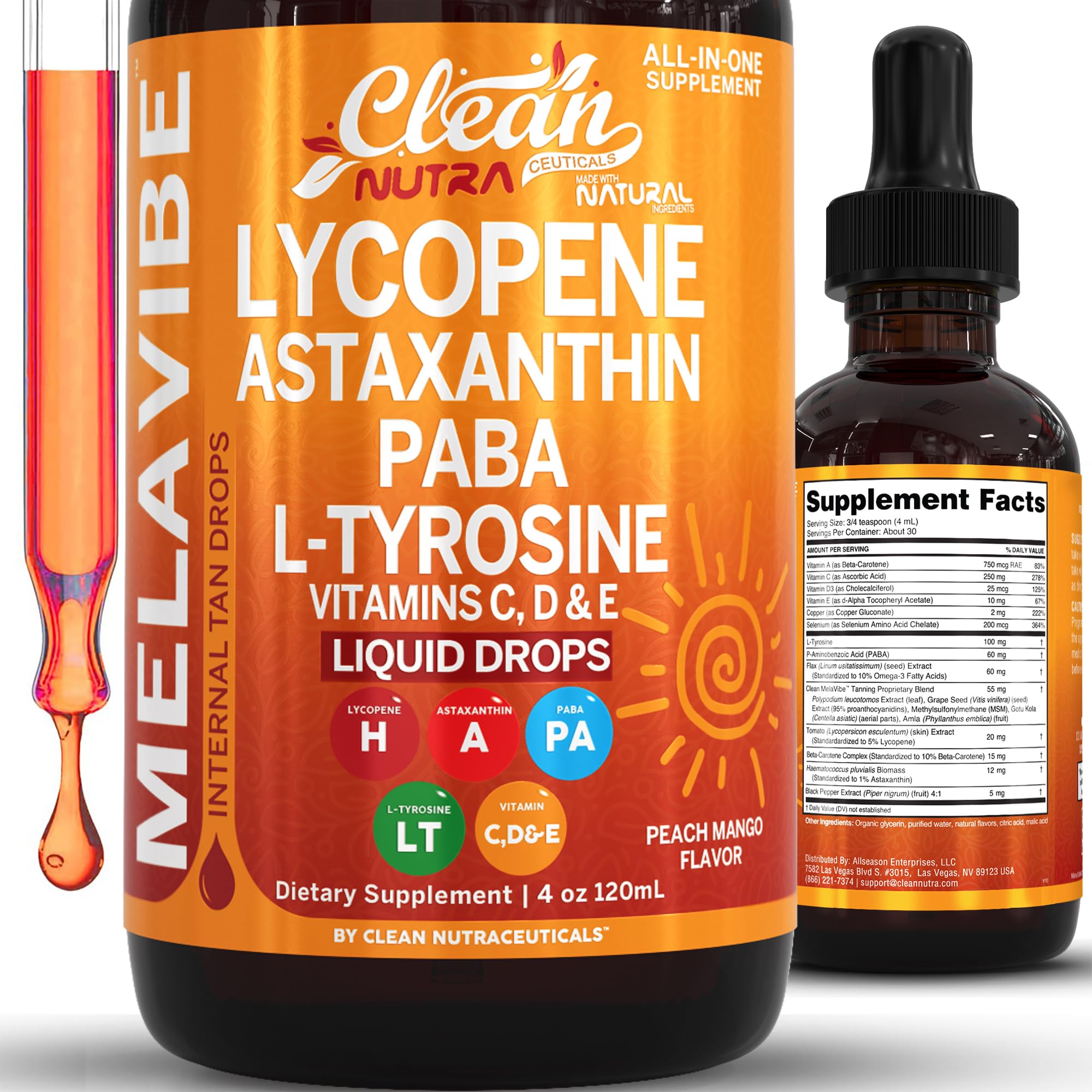 MelaVibe Lycopene Astaxanthin PABA L-Tyrosine Liquid Drops