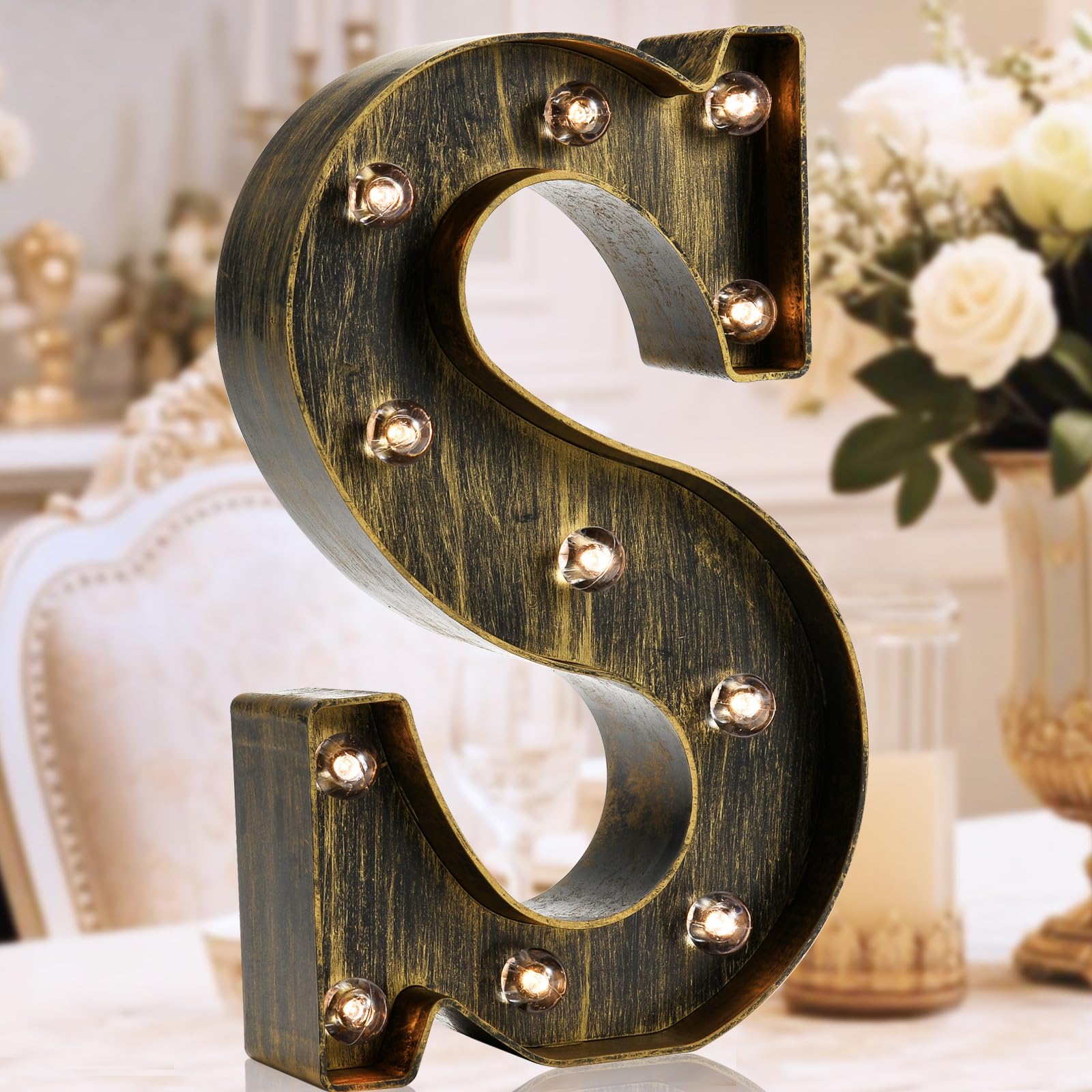 Golden Black Led Marquee Letter - Industrial, Vintage Style Light Up Alphabet Letter Sign for Cafe Wedding Birthday Party Christmas Lamp Home Bar Initials Decor - S