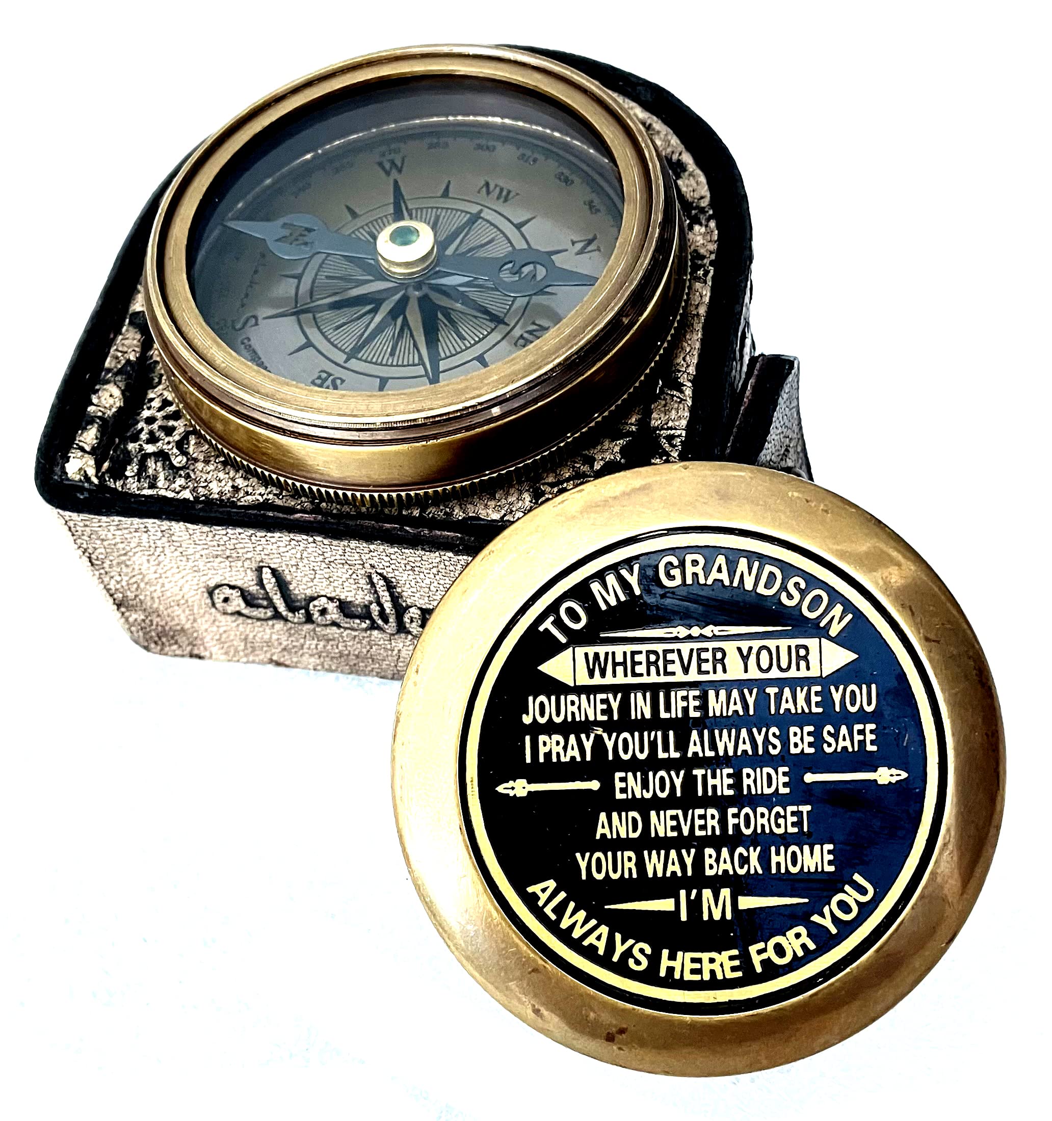 Gift for Grandson Brass Compass Engraved Quote | Memory Present to My Grandson Birthday, Baptism, Graduation, Confirmation, Love, Gift idea by Grandpa Grandma (Grandson - Always Here for You)