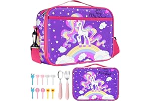 Swooflia Lunch Bag Box For Kids Girls Boys School Preschool Kindergarten Cute Rainbow Purple Insulated Cooler Lunchboxes Reusable Lunch Kit Pail 5.3L With Fork Spoon Food Picks for 4-12 Years Old