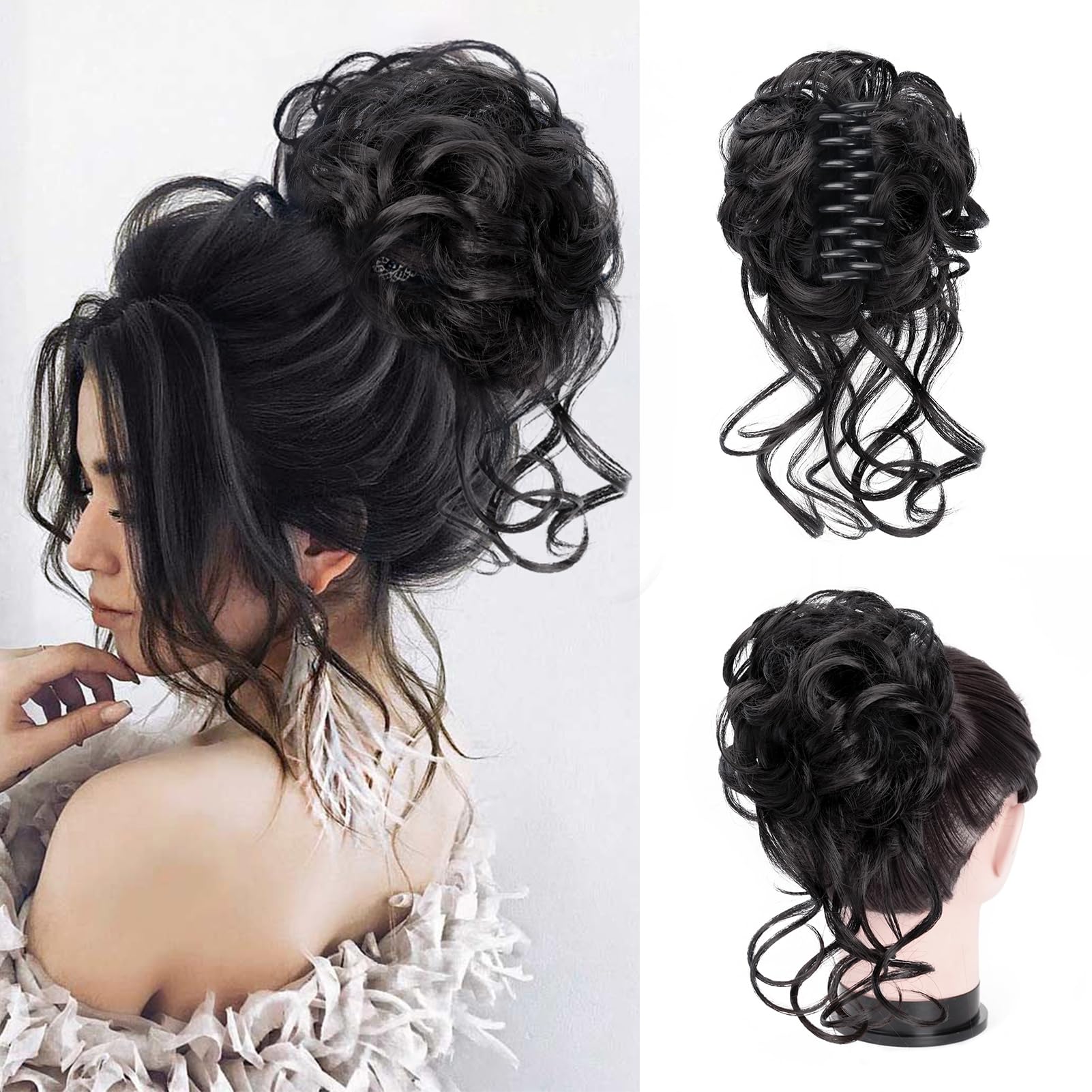 Photo 1 of Foaoit Messy Bun Hair Piece Claw Clip Bun Hair Accessories for Women Messy Wavy Curly Bun Extensions Short Tousled Updo Synthetic Black Hair Extensions Messy Bun Ponytail Extensions (Black)
