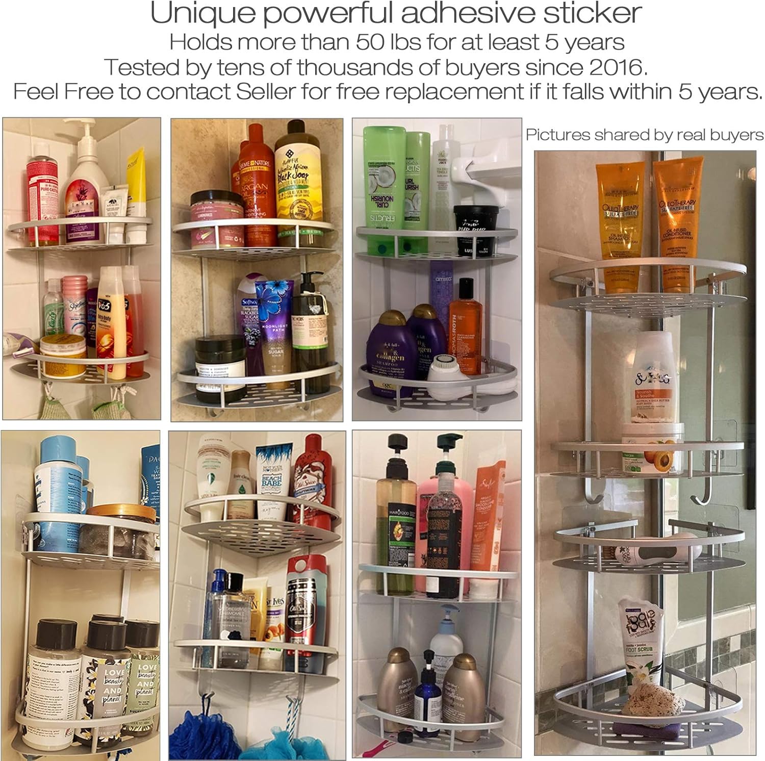 Lancher Bathroom Shelf ( No Drilling ) Durable Aluminum 2 Tiers Shower Shelf Kitchen Storage Basket Adhesive Suction Corner Shelves Shower Caddy: Home Improvement