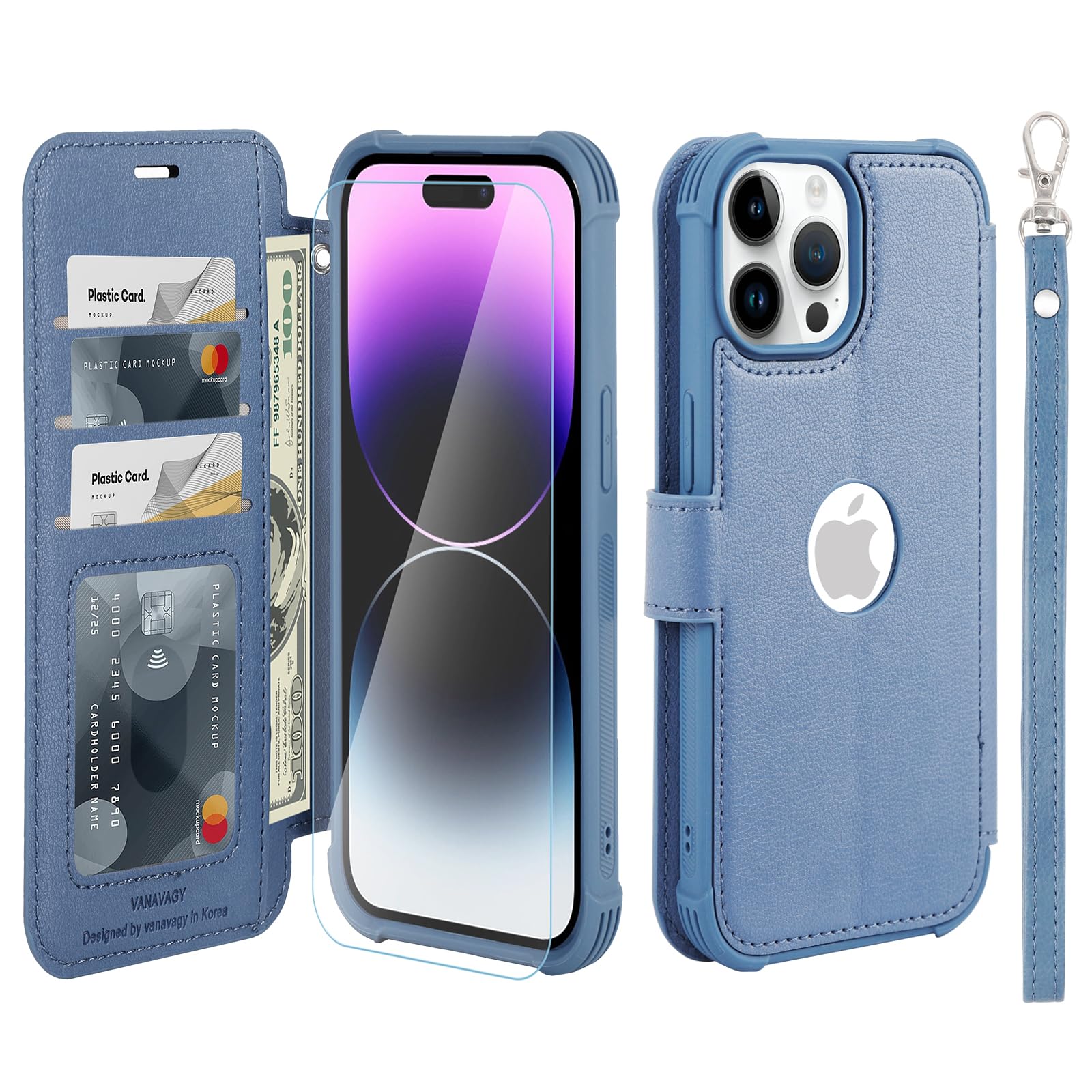 VANAVAGY Compatible for iPhone 14 Pro Wallet Case, 12ft Drop Protection, RFID Blocking PU Leather Flip Cover, Card Holder & Kickstand, Shockproof Phone Case for 14 Pro-6.1 Inch,Blue
