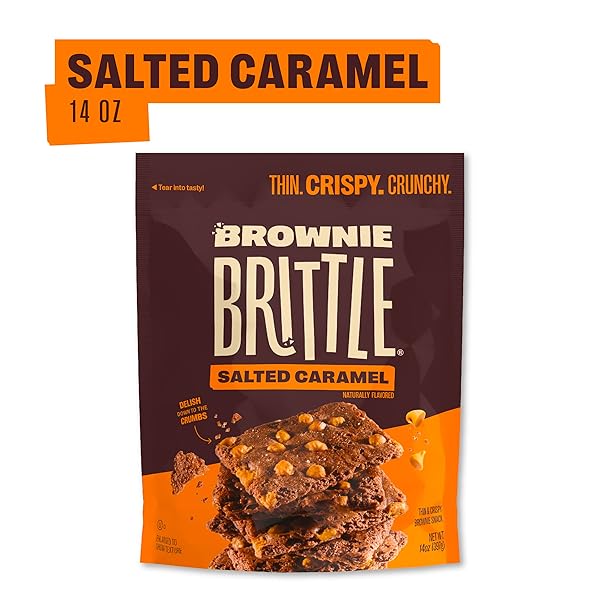 BROWNIE BRITTLE – SALTED CARAMEL THIN AND CRISPY SWEET SNACKS (PACK OF 1, 14 OZ), RICH GOURMET BROWNIE BITES DESSERT