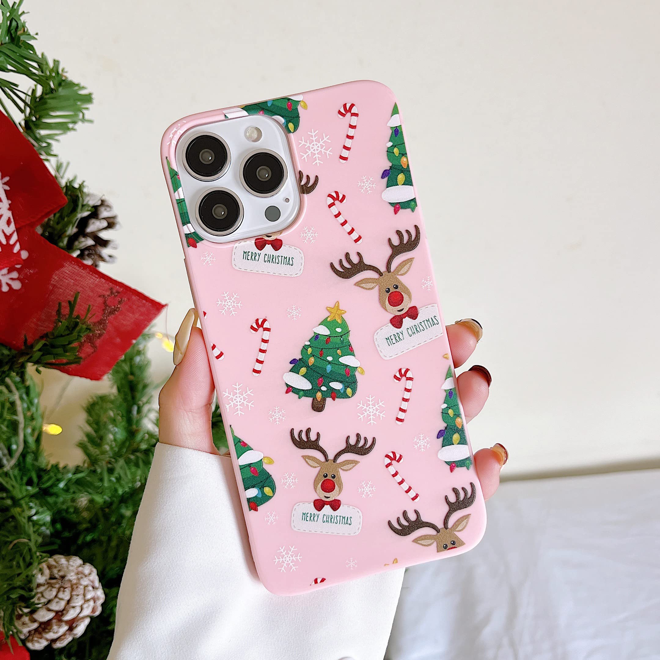 DEFBSC Case for 6.7" iPhone 12 Pro Max, Lovely Cartoon Christmas Elk Pattern Back Phone Cover Cute Christmas Design Soft TPU Bumper Protective Case for iPhone 12 Pro Max - Pink