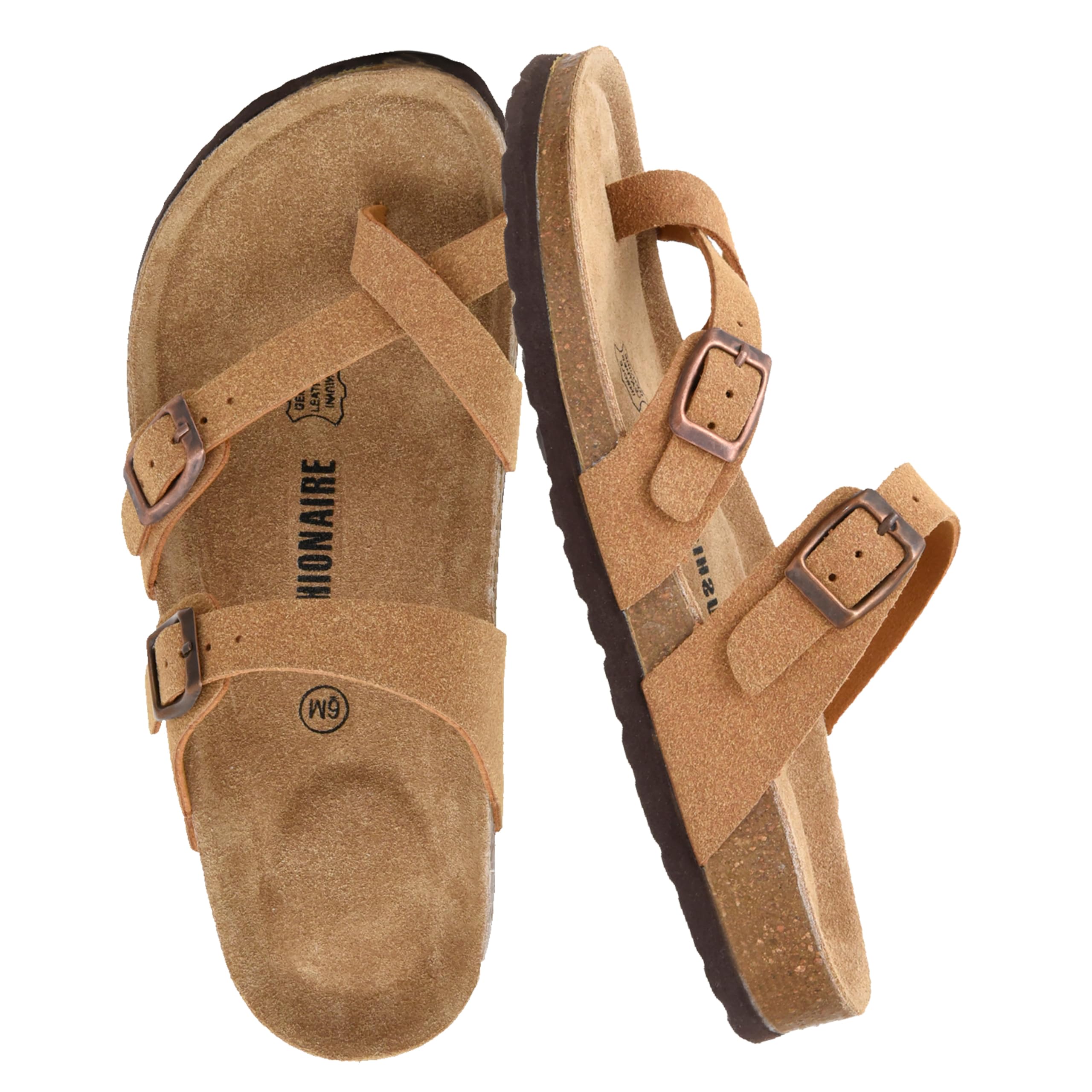 CUSHIONAIRE Luna Sandalias cruzadas con correa para el dedo del pie - Sandalias con plantilla de corcho con correas ajustables, sandalias de verano para mujer 2025, TAN 6.5