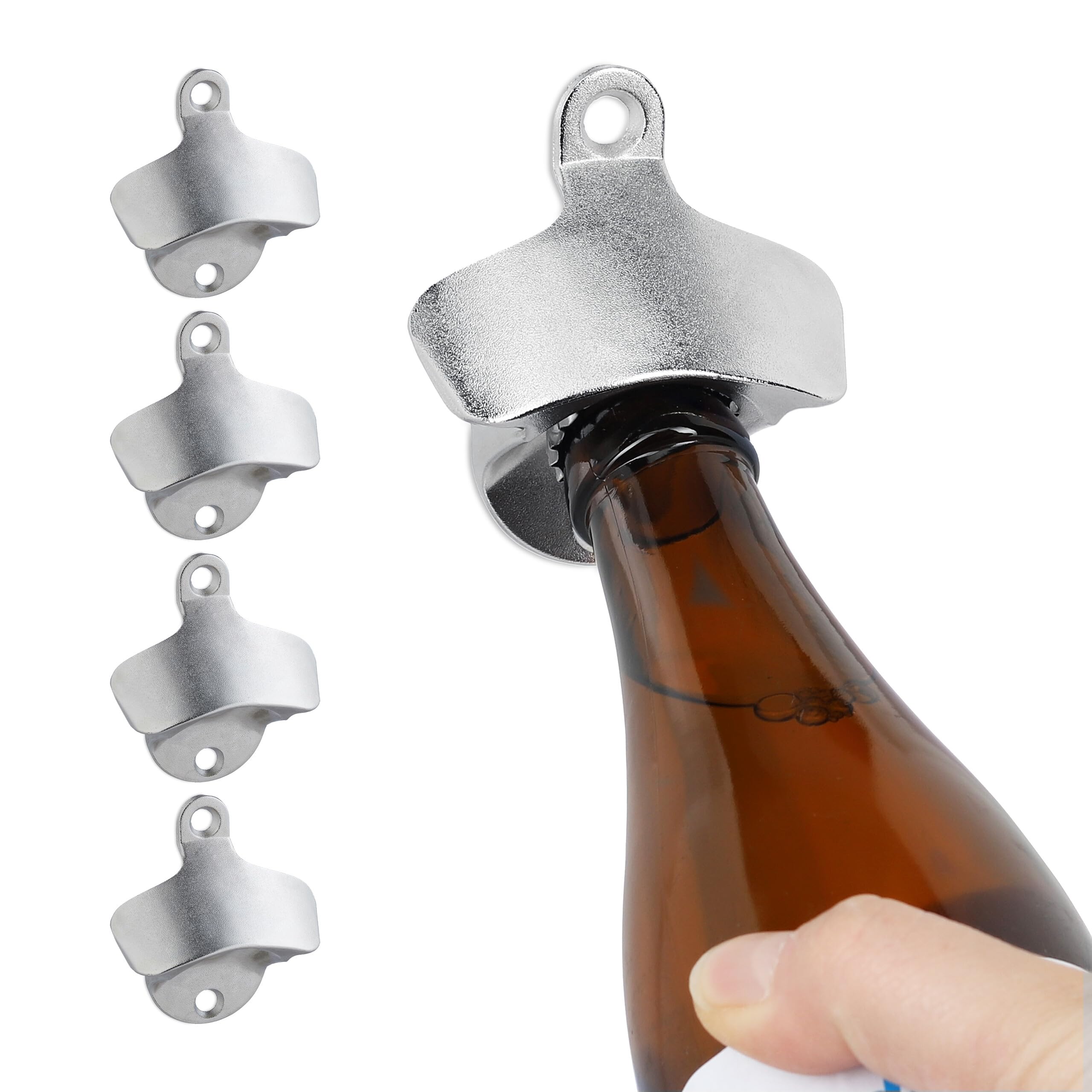 Relaxdays Opener, Set of 5, Wall-Mounted, Sturdy Screw-on, for Beer Bottles and More, Bartender, Metal, Silver, 7.5 x 6.5 x 3 cm