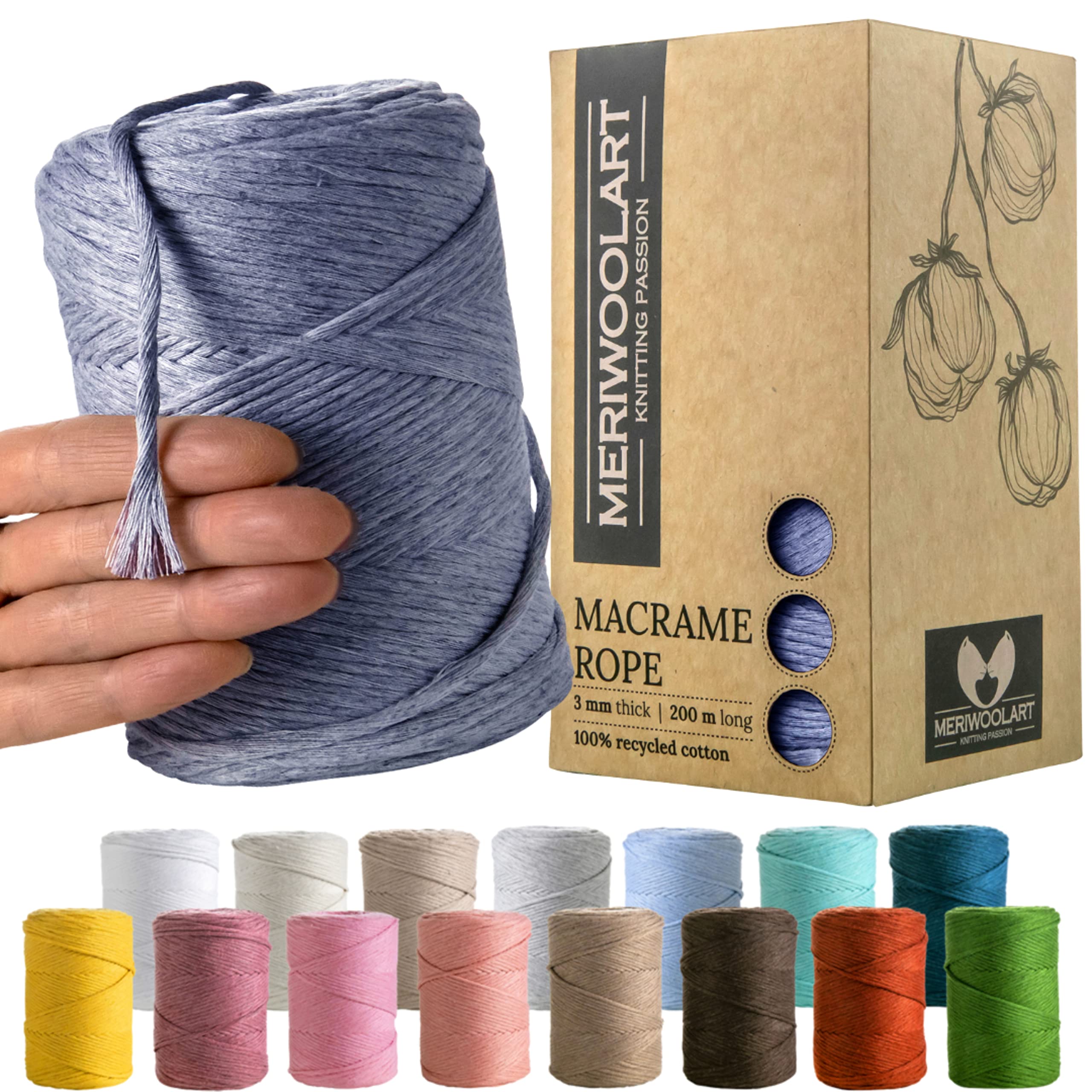 MeriWoolArt Macrame Cord 3mm Blue - Macrame Rope 200m - Super Soft, Single Twist Macrame String - Oeko-Tex 100% Recycled Cotton Macrame Cord Coloured- For DIY Macrame Crafts, Boho Home Décor