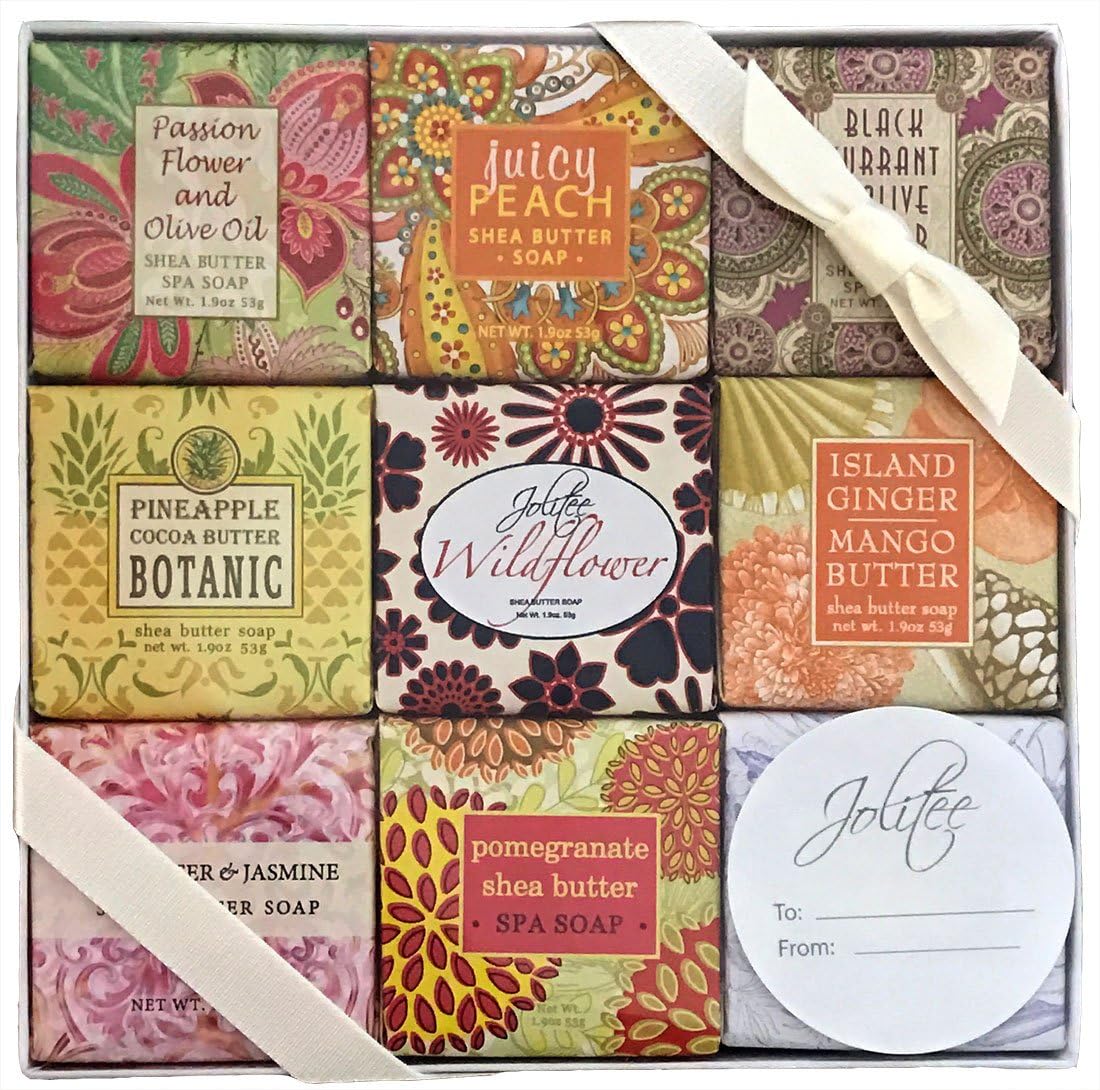 French Milled Botanical Soap Sampler Set in Nine Fabulous Scents, Individually Wrapped Vegetable Based Mini Soaps with Essential Oils, Shea Butter and Natural Extracts (Flowers and Fruits)