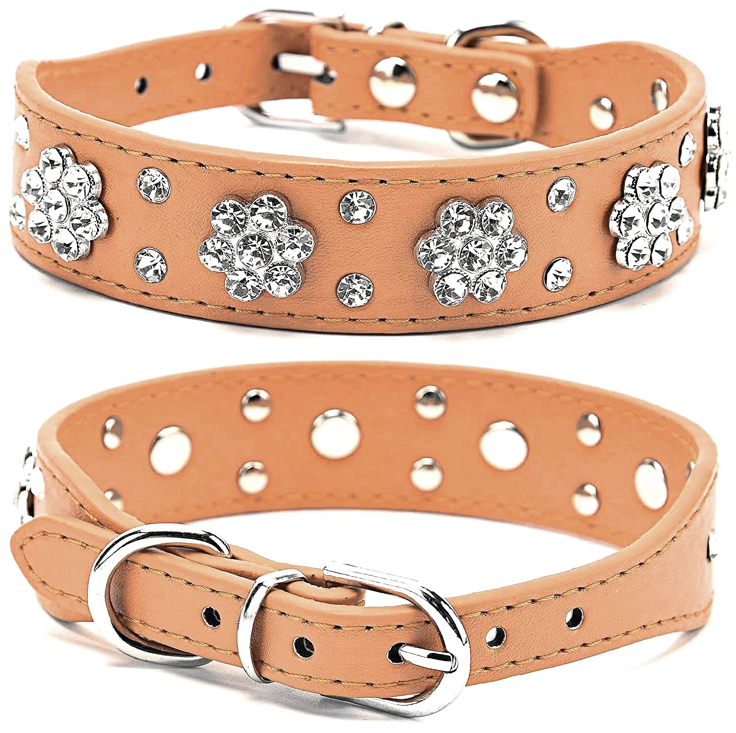 haoyueer Rhinestone Dog Collar, Cute Flower Rhinestone Cat Dog Collar Bling Collar PU Leather Collar Adjustable Sizes Small Medium Large (L, Brown)