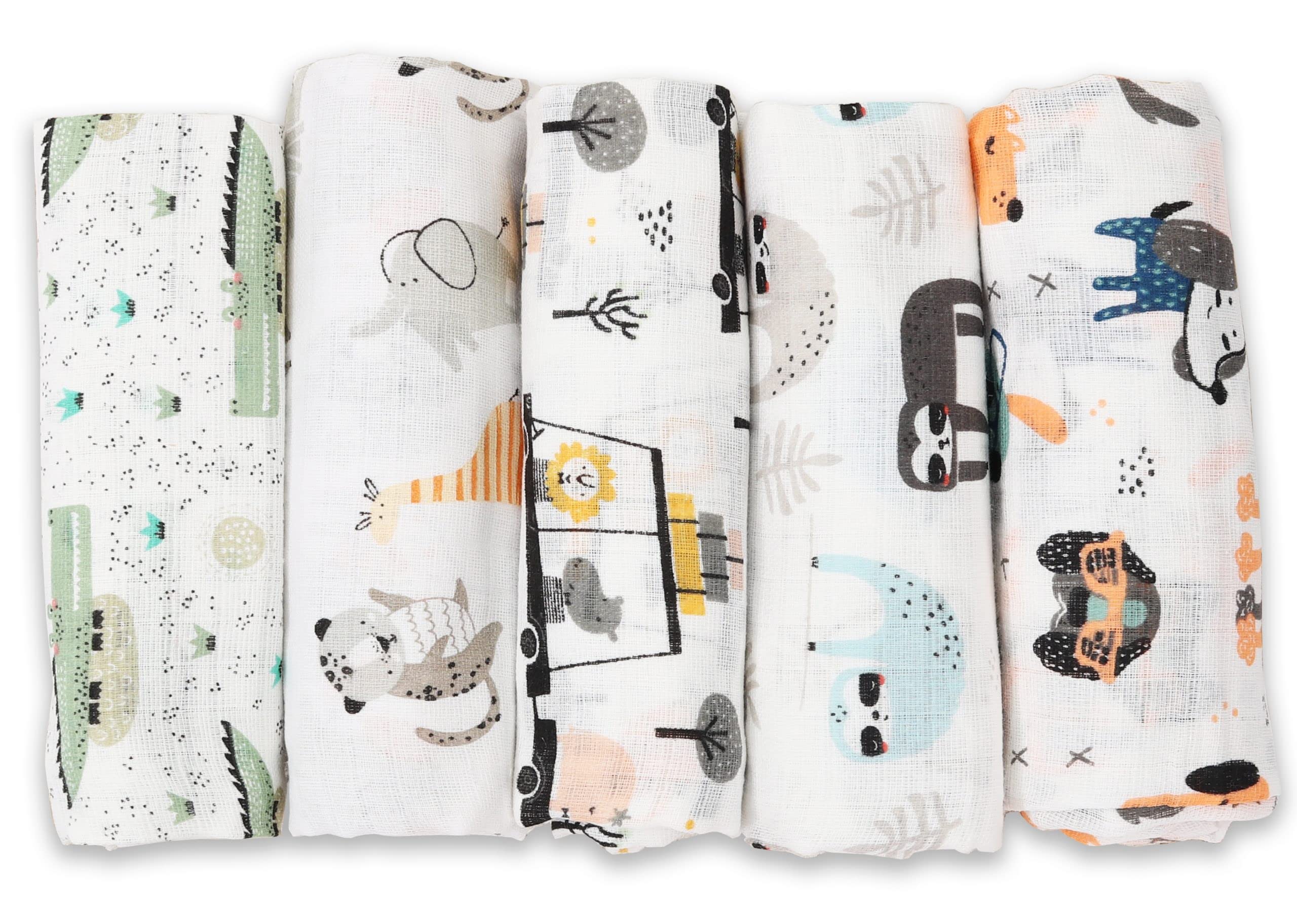 FENSILO Burp Cloths Baby - Muslin Cloths - Cloth Nappies - Pack of 5 70 x 80 cm, Fabric Nappies, Made in the EU, Tested for Harmful Substances, Burp Cloths Baby Boy Girl Cloth with Dog and Crocodile