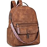 FADEON 15.6 inch Leather Laptop Backpack Purse for Women, Designer Travel PU Backpack with Laptop Compartment for Work Brown