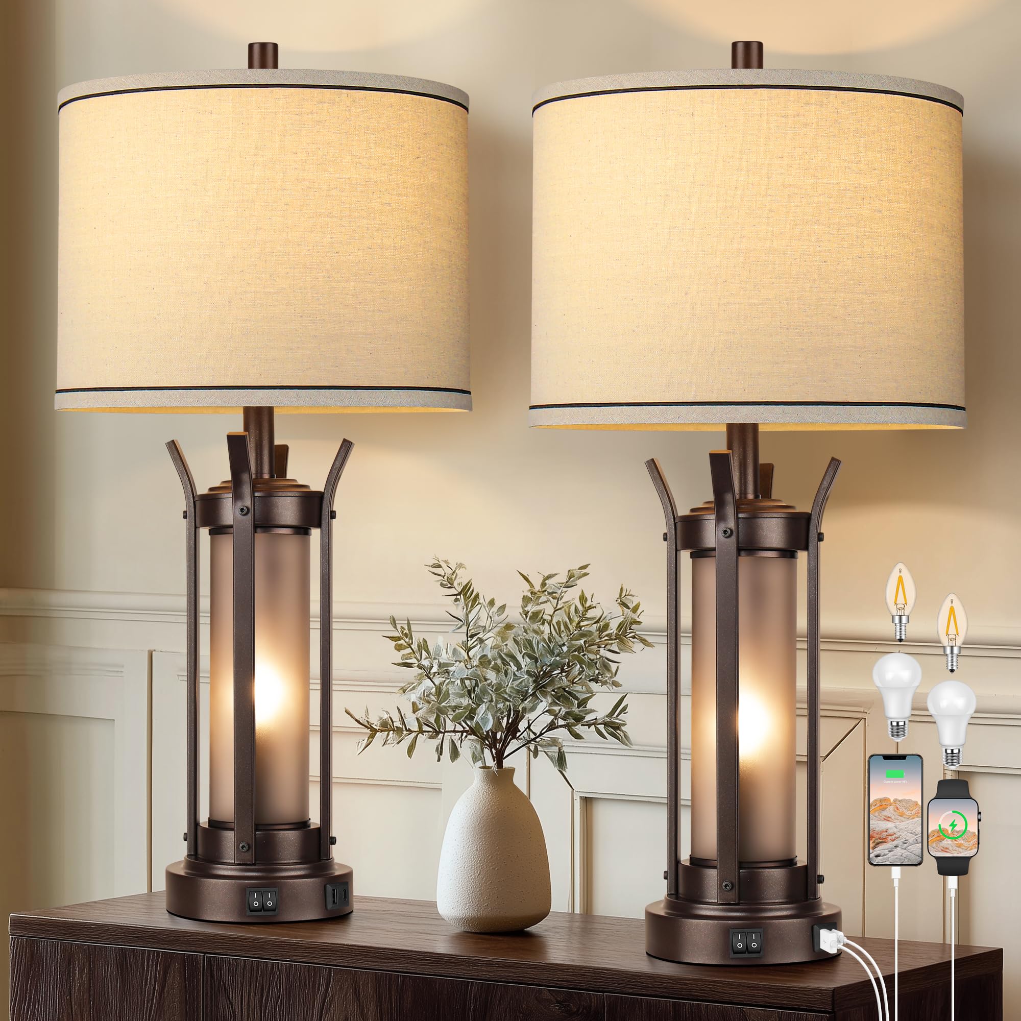 Photo 1 of ***STYLE DIFFERS FROM STOCK PHITOI (PET HAIR)*** QiMH Farmhouse Table Lamps Set of 2 for Living Room, Beside Lamps for Bedroom with USB A+C Charging Ports, Rustic Nightstand Lamp with Frosted Glass Night Light, 4 Bulbs Included (Oil Rubbed Bronze)