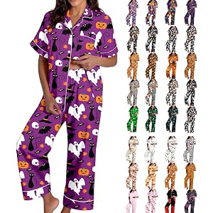 Halloween Pajamas Women 2026 Fall Funny Loungewear Sets Button Short Sleeve Tops Matching Sleeppants Cute Pjs Silk Set