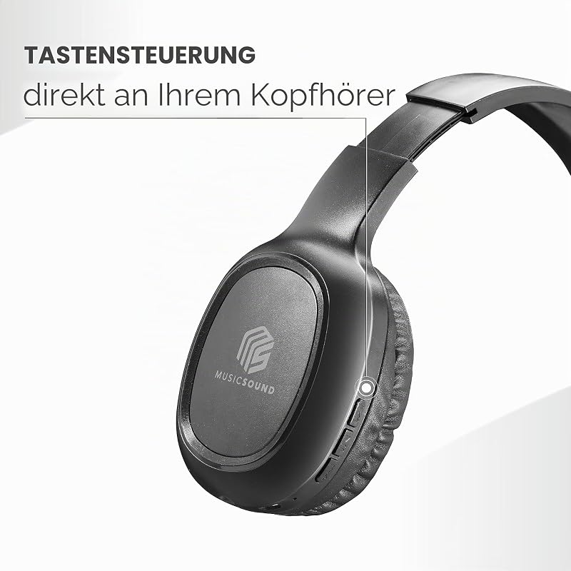 | Bluetooth Kopfhörer Basic | Ohrmuschel-Bluetooth-Kopfhörer mit Ausziehbarem Kopfband – 14 Stunden Akkulaufzeit – 2 Stunden Ladezeit – LED-Anzeige und AUX-Eingang – Farbe Schwarz
