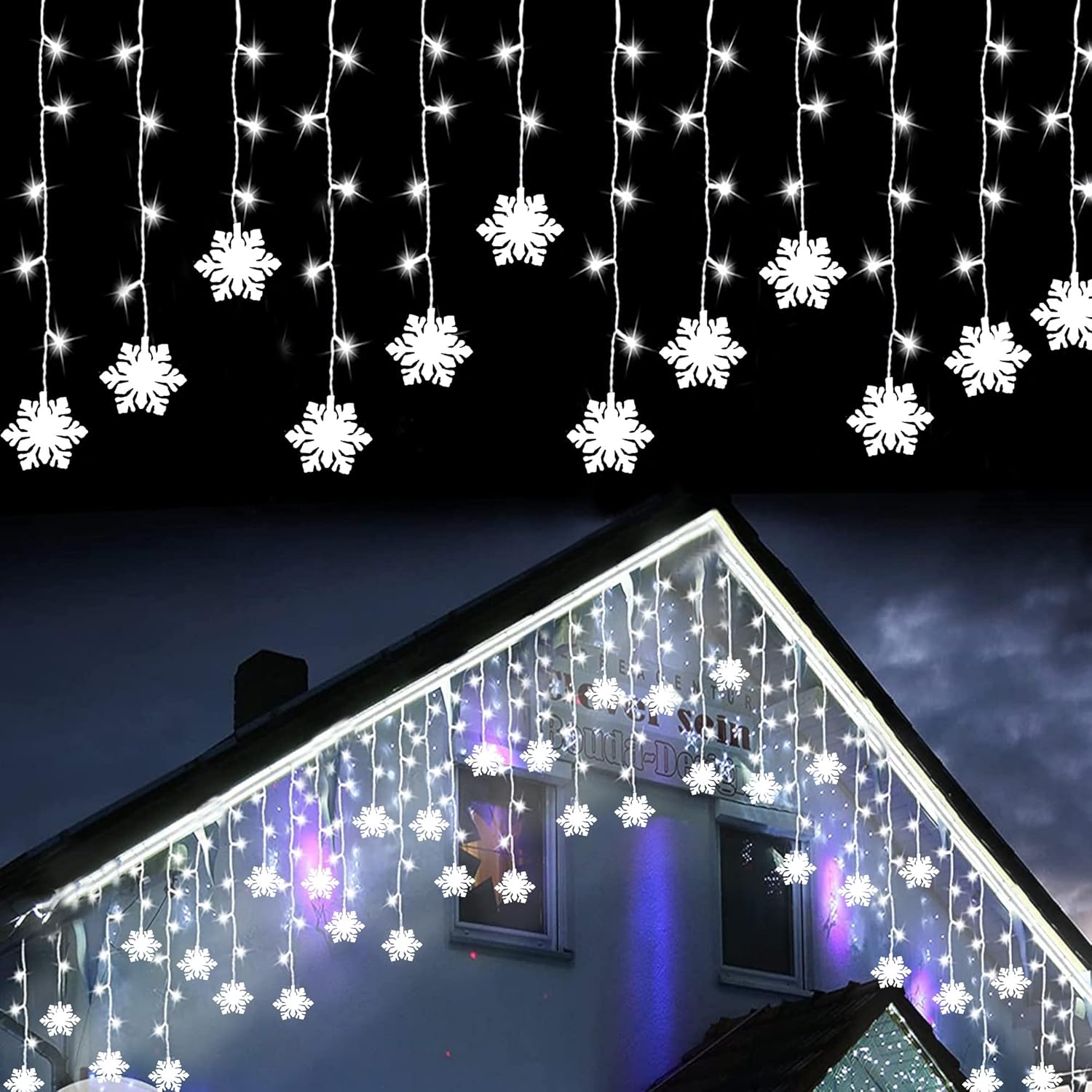 String Lights - 150 LED Icicle Lights with Snowflake,8 Twinkle Modes Curtain Lights,Hanging Fairy Lights for Outdoor Christmas Lights, Holiday Wedding Party Decoration (White)