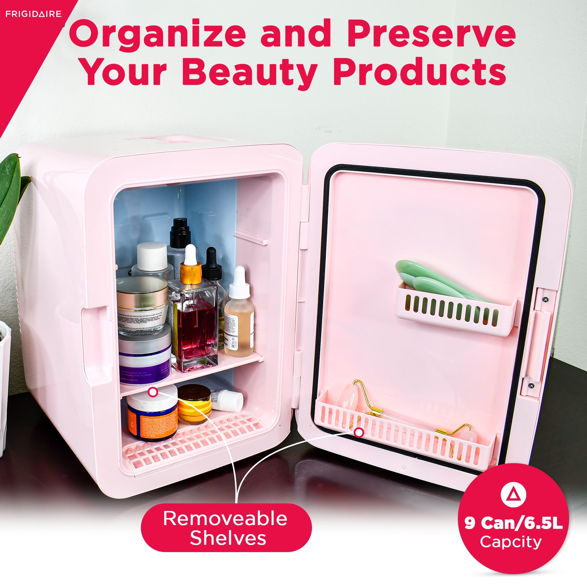 FRIGIDAIRE Mini Cooler, Portable Compact Personal LED Lighted Mirror Fridge, 6.5L Capacity Chills 9 Cans, 100% Freon-Free & Eco Friendly, for Makeup, Skincare, 12"D x 8"W x 12"H (Pink) - Image 2