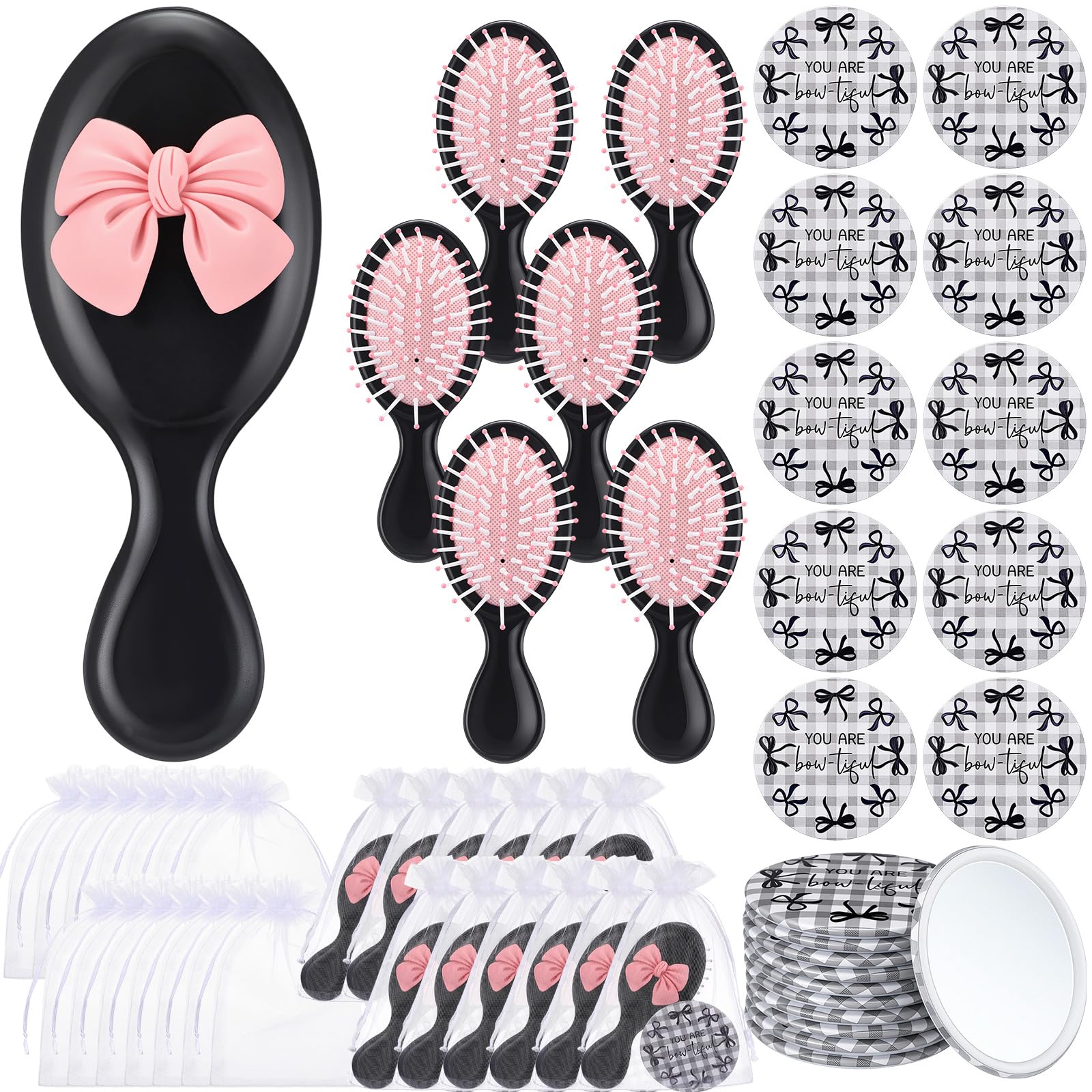 Photo 1 of *DAMAGED** Wonderjune Set Coquette Bow Party Favor Black Mini Hair Brush Compact Mirror Organza Bag Inspirational Aesthetic Preppy Gift for Women Christmas Birthday Bridal Baby Shower Wedding Party Decoration