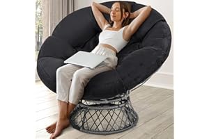 KROFEM 46" Giant Oversized Rattan Papasan Chair with Cushion and Frame for Adults, Fluid 360° Swivel, Waterproof, Grey Frame with Black Cushion