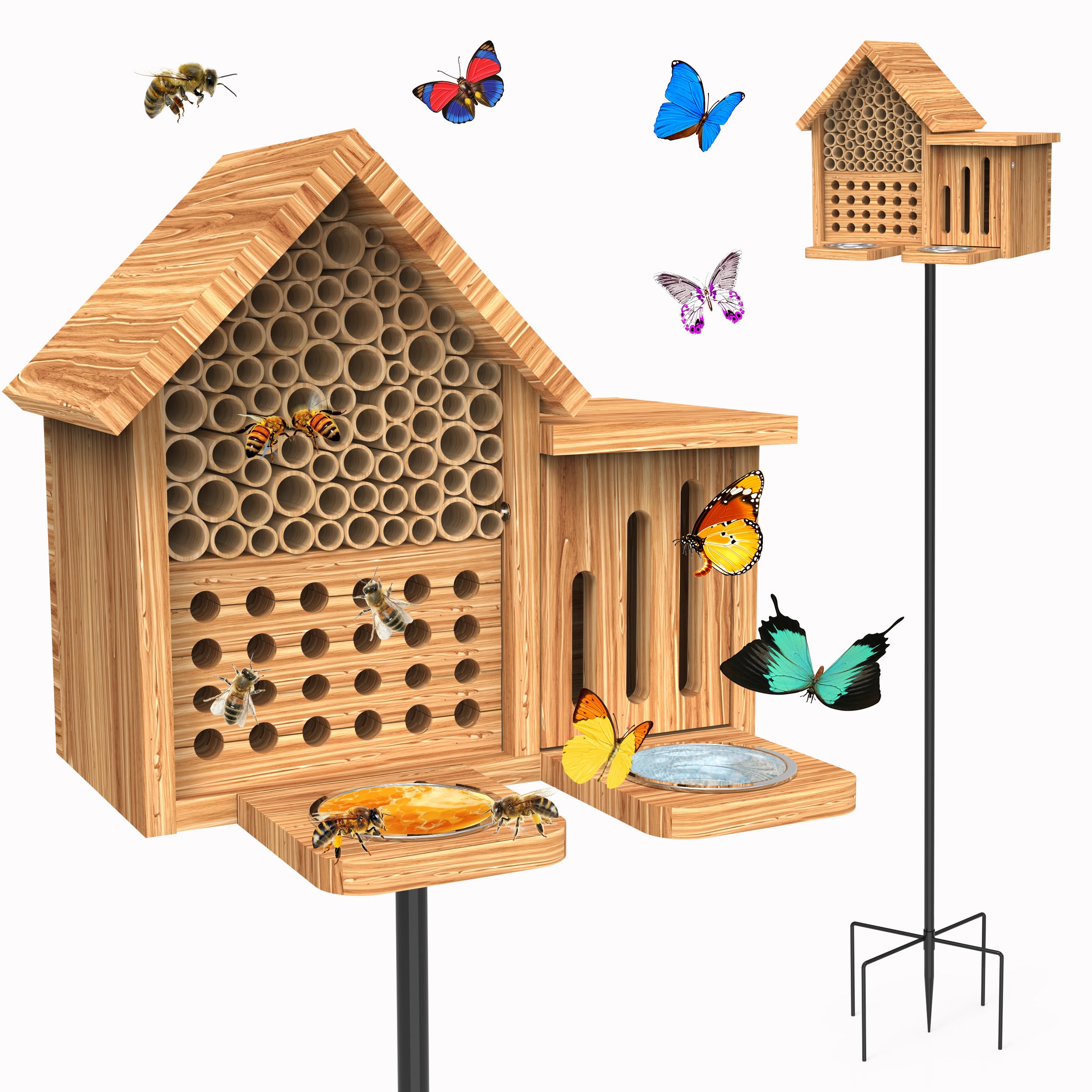 Photo 1 of Mason Bee House Wooden Butterfly House with Feeders and Metal Stake, Insect Hotel for Garden Backyard, Natural Handmade Waterproof Bugs House, Attracts Bee, Butterfly, Ladybirds Pollinators