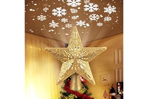 BRIGHTOWN Christmas Star Tree Topper with Built-in Led Snowflake Projector Lights Hollowed Pentagram Tree Topper,Plug in Christmas Tree Ornament for Indoor Office Xmas New Year Holiday Tree Decoration