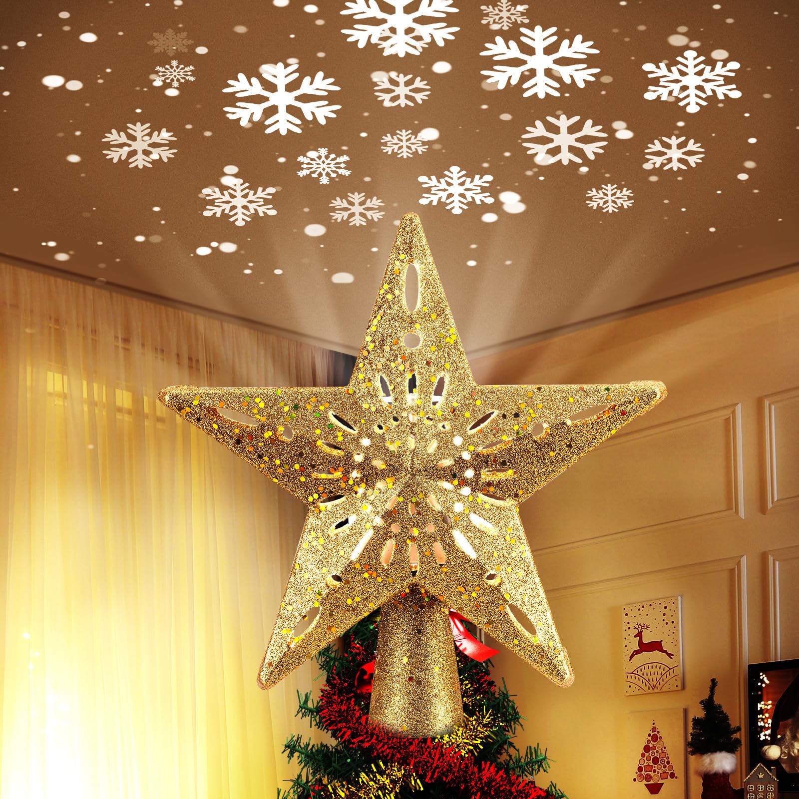 Photo 1 of Christmas Star Tree Topper with Built-in Led Snowflake Projector Lights Hollowed Pentagram Tree Topper,Plug in Christmas Tree Ornament for Indoor Office Xmas New Year Holiday Tree Decoration