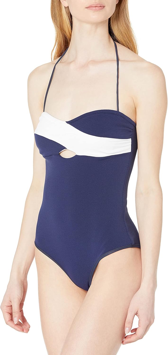 Shoshanna Women S Faille Bandeau Combination Zip One Piece Swimsuit Navy 2 At Amazon Women S Clothing Store