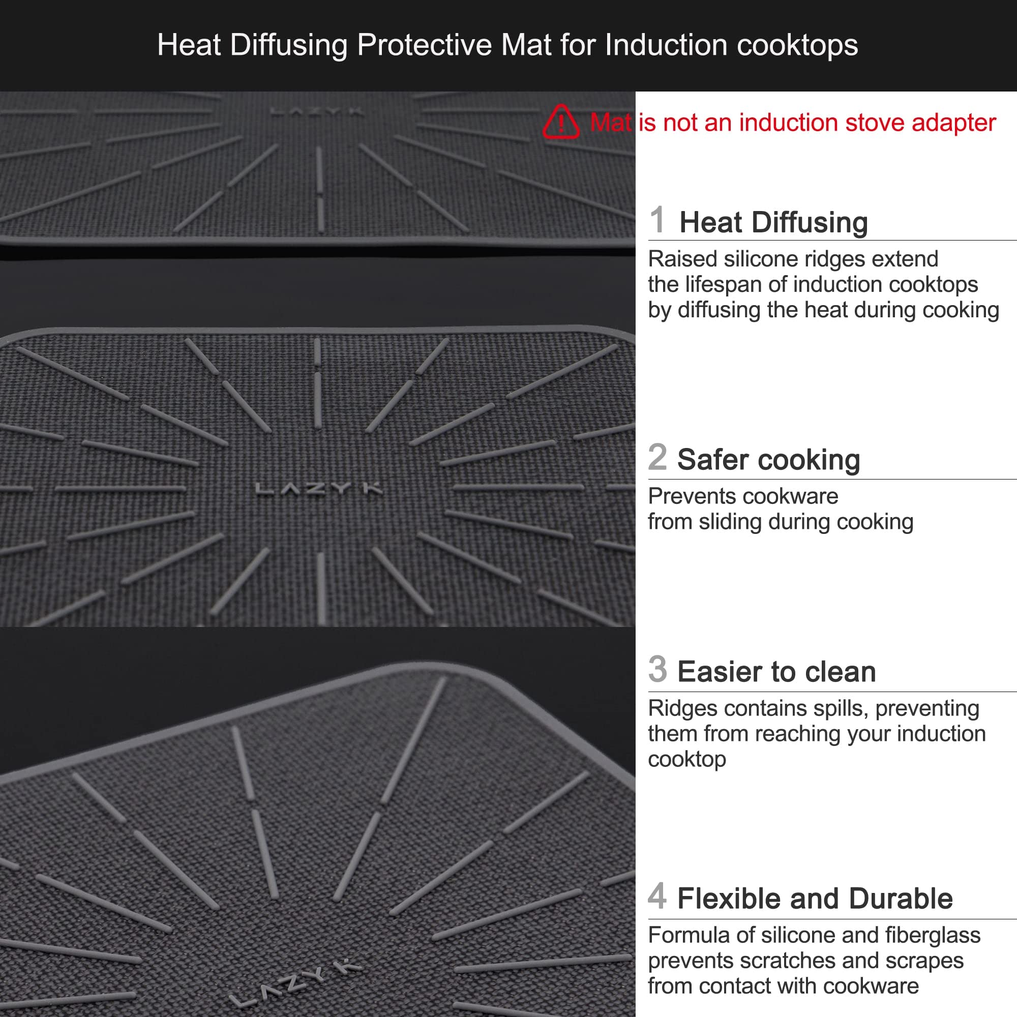 Lazy K Induction Cooktop Mat - Silicone Fiberglass Scratch Protector - for Magnetic Stove - Non slip Pads to Prevent Pots from Sliding during Cooking - Square (7.4inches) Gray