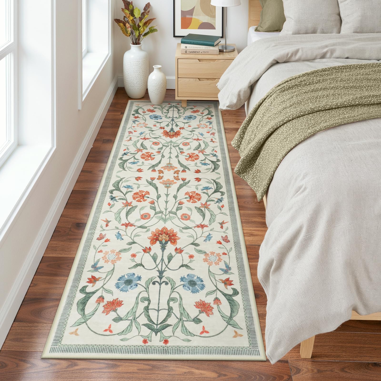 Photo 1 of LIVEBOX Beige Runner Rug for Bedroom - Boho Floral 2x6 Hallway Runner Rugs, Non-Slip Washable Rug, Soft Low-Pile Carpet Runners for Hallways Laundry Room Home Decor(2x6 ft)
