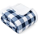 PAVILIA White and Navy Blue Buffalo Plaid Sherpa Throw Blanket for Couch Twin, Soft Fuzzy Flannel Blanket for Bed, Plush Checkered Fleece Blanket and Throws, Warm Thick Winter Blanket Gift, 60x80