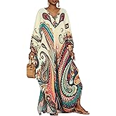 Bsubseach Kaftan Dresses for Women Ethnic Print Plus Size Beach Cover Ups Batwing Sleeve Caftans with Pockets