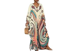 Bsubseach Kaftan Dresses for Women Ethnic Print Plus Size Beach Cover Ups Batwing Sleeve Caftans with Pockets